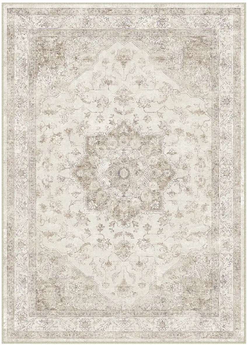 Ivory And Brown And Ivory Floral Medallion Washable Area Rug Photo 2