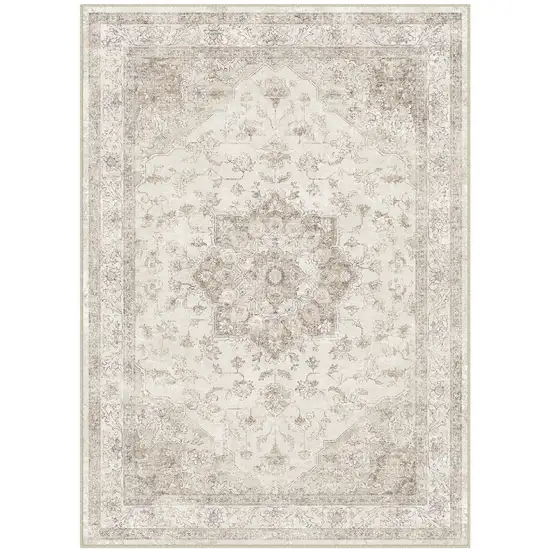 Ivory And Brown Floral Medallion Washable Area Rug Photo 5