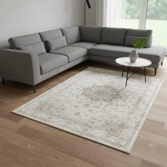 Ivory And Brown Floral Medallion Washable Area Rug Photo 1