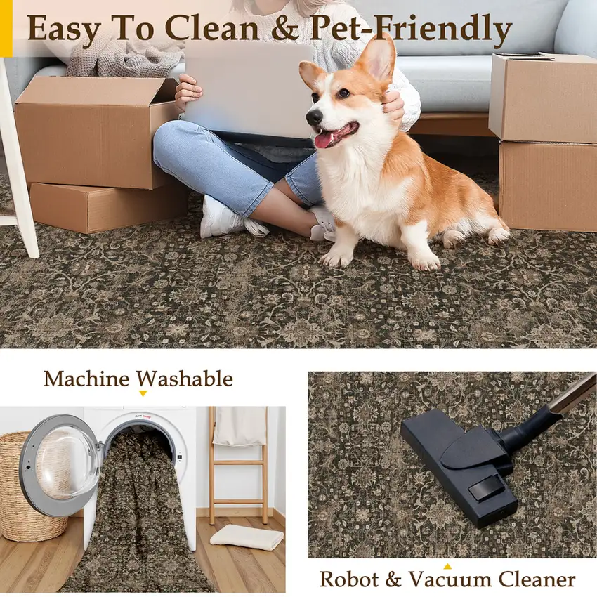 Brown And Ivory Floral Washable Area Rug Photo 5