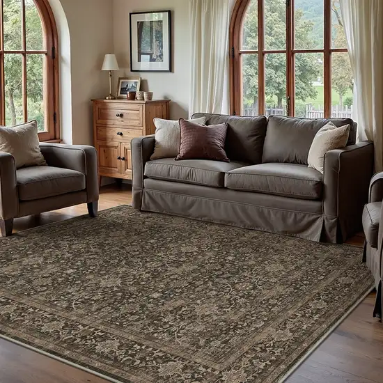Brown And Ivory Floral Washable Area Rug Photo 4