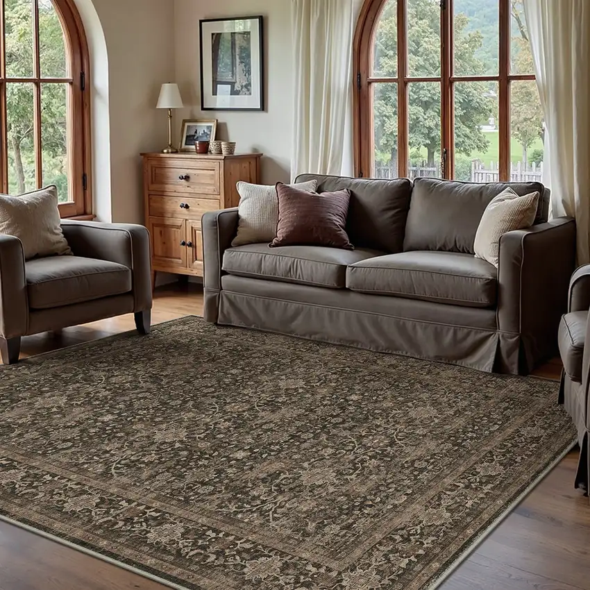Brown And Ivory Floral Washable Area Rug Photo 4