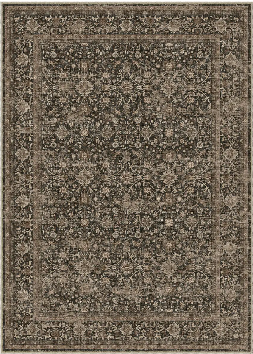 Brown And Beige Floral Medallion Washable Area Rug Photo 2