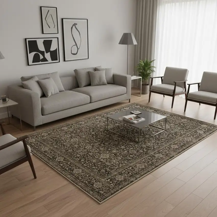 Brown And Beige Floral Medallion Washable Area Rug Photo 1