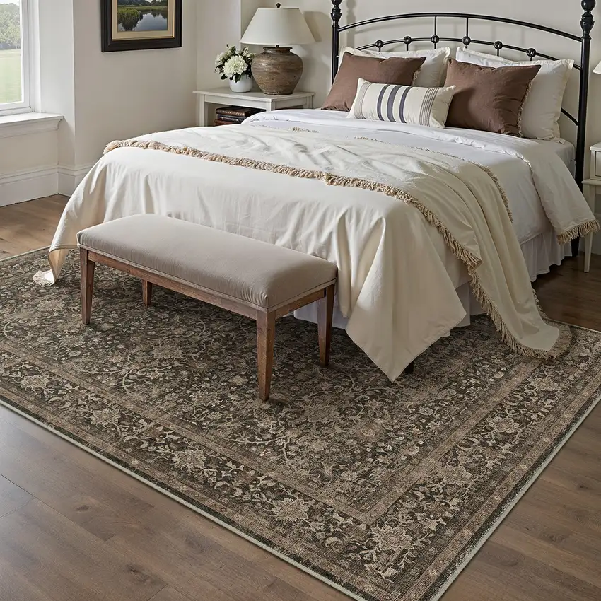 Brown And Beige Floral Medallion Washable Area Rug Photo 6