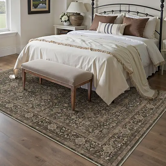 Brown And Ivory Floral Washable Area Rug Photo 4