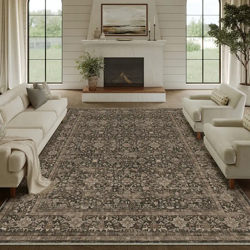 Brown And Ivory Floral Washable Area Rug Photo 4