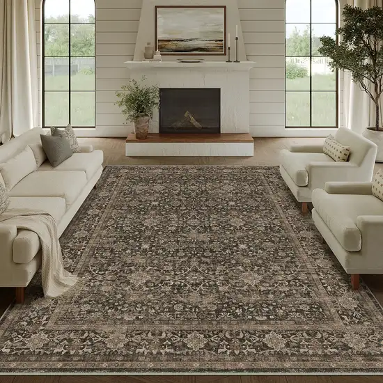 Brown And Beige Floral Medallion Washable Area Rug Photo 6