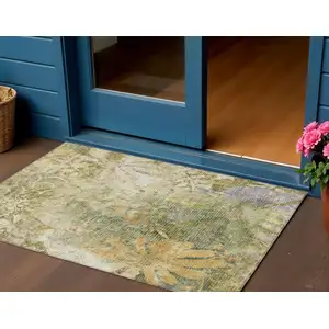 Photo of Brown And Ivory Floral Washable Indoor Outdoor Area Rug