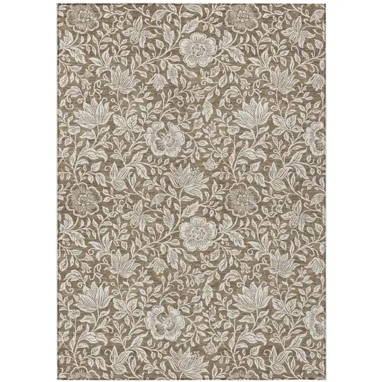 Brown And Ivory Floral Washable Indoor Outdoor Area Rug Photo 1