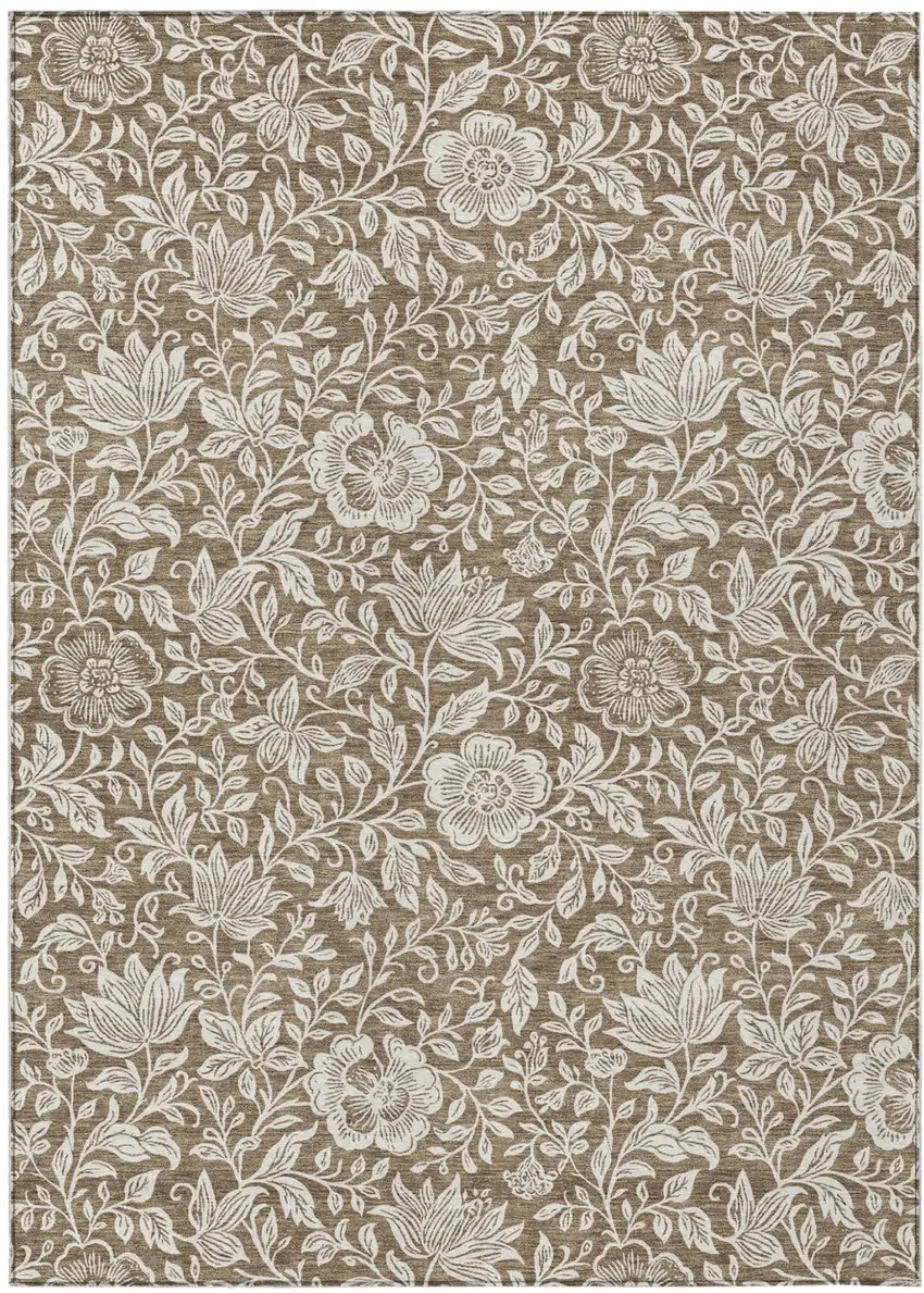 Brown And Ivory Floral Washable Indoor Outdoor Area Rug Photo 1