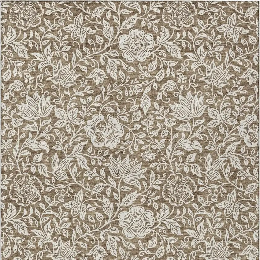 Brown And Ivory Floral Washable Indoor Outdoor Area Rug Photo 3