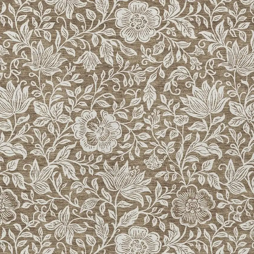 Brown And Ivory Floral Washable Indoor Outdoor Area Rug Photo 2