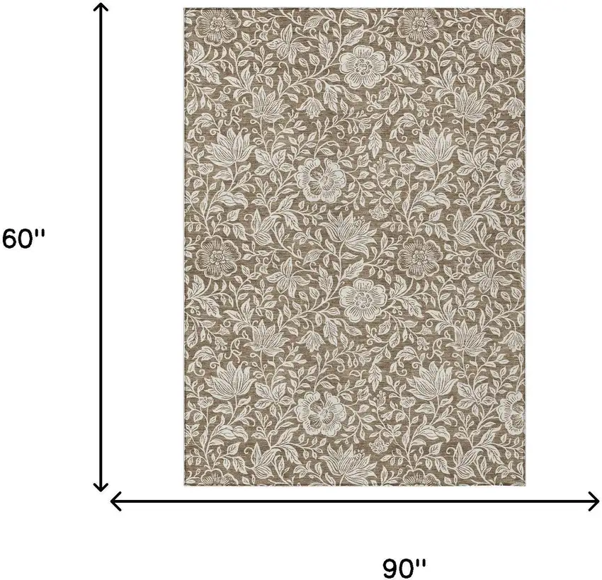 Brown And Ivory Floral Washable Indoor Outdoor Area Rug Photo 6