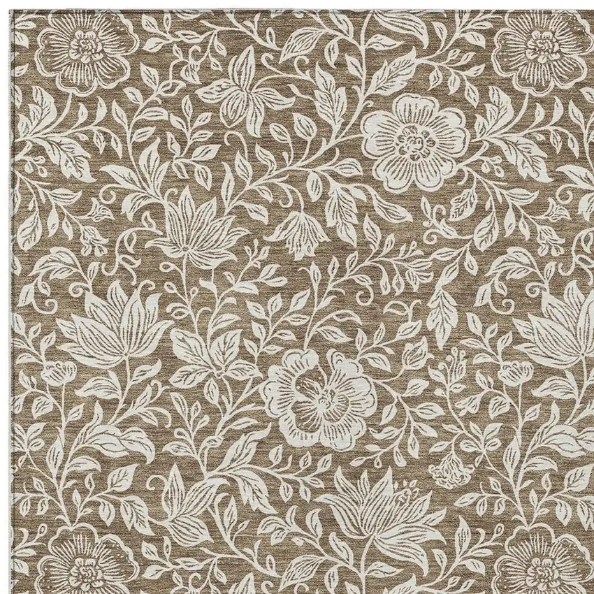 Brown And Ivory Floral Washable Indoor Outdoor Area Rug Photo 2