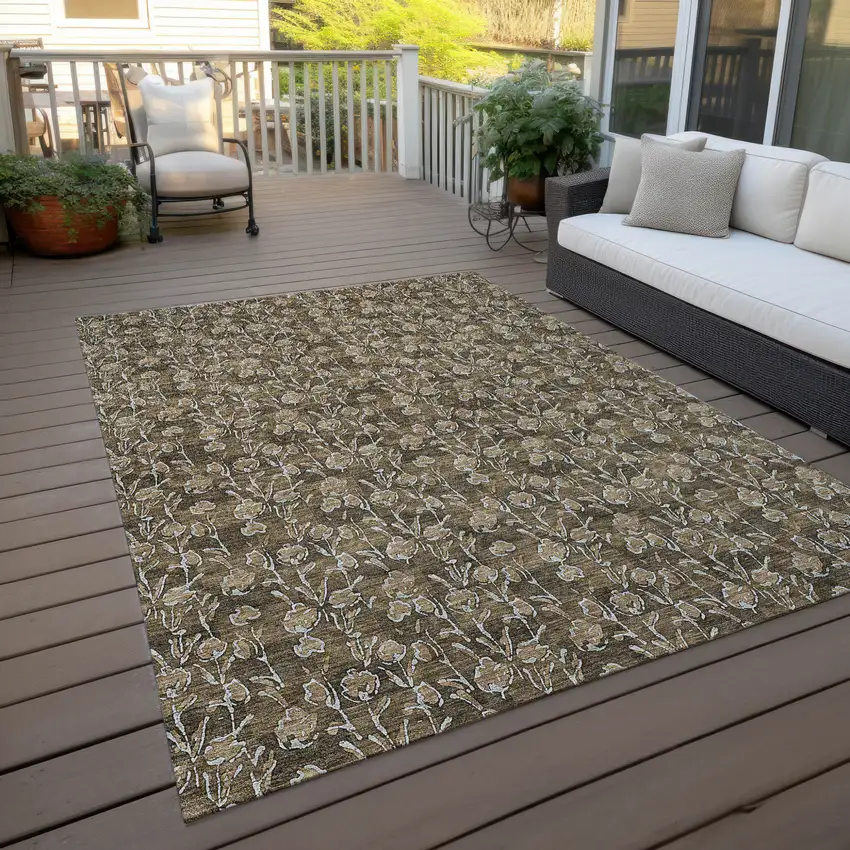 Brown And Ivory Floral Washable Indoor Outdoor Area Rug Photo 8