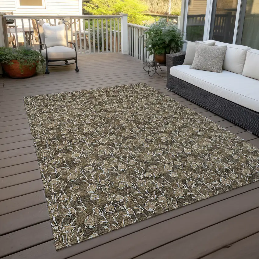 Brown And Ivory Floral Washable Indoor Outdoor Area Rug Photo 8