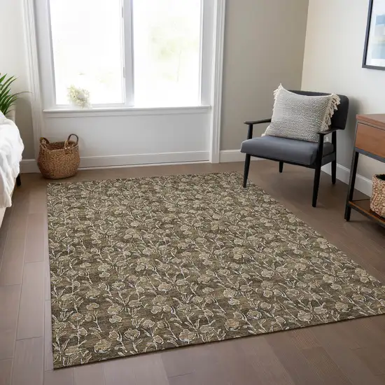 Brown And Ivory Floral Washable Indoor Outdoor Area Rug Photo 9