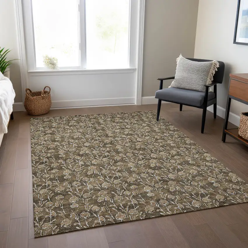 Brown And Ivory Floral Washable Indoor Outdoor Area Rug Photo 9