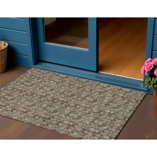 Brown And Ivory Floral Washable Indoor Outdoor Area Rug Photo 1