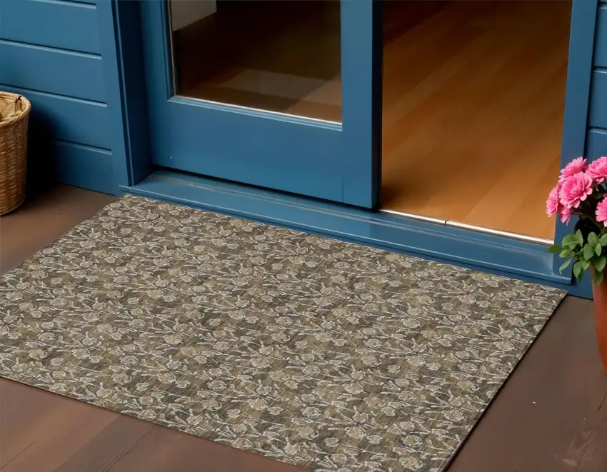 Brown And Ivory Floral Washable Indoor Outdoor Area Rug Photo 1