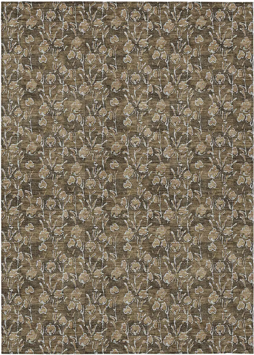 Brown And Ivory Floral Washable Indoor Outdoor Area Rug Photo 2