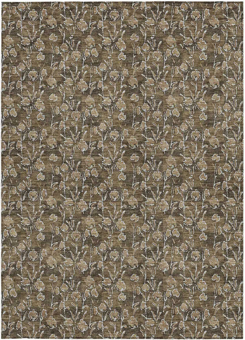 Brown And Ivory Floral Washable Indoor Outdoor Area Rug Photo 6