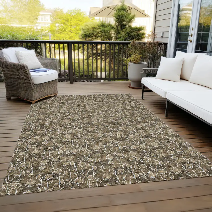 Brown And Ivory Floral Washable Indoor Outdoor Area Rug Photo 9