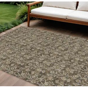 Photo of Brown And Ivory Floral Washable Indoor Outdoor Area Rug
