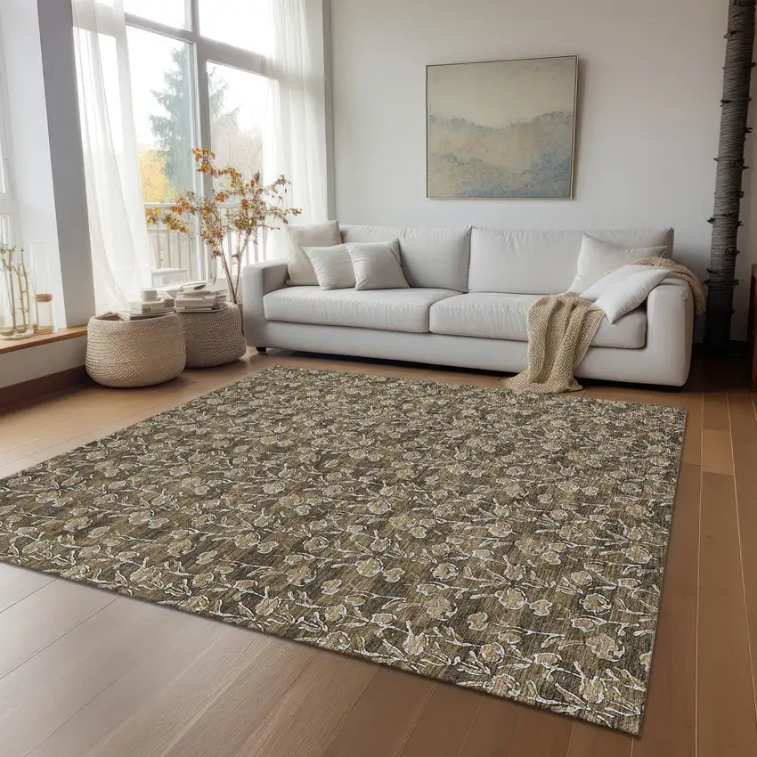 Brown And Ivory Floral Washable Indoor Outdoor Area Rug Photo 9