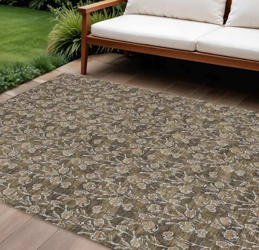 Brown And Ivory Floral Washable Indoor Outdoor Area Rug Photo 1