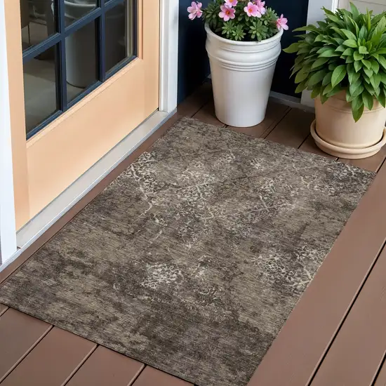 Brown And Ivory Floral Washable Indoor Outdoor Area Rug Photo 1