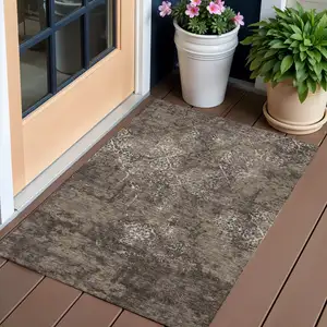 Photo of Brown And Ivory Floral Washable Indoor Outdoor Area Rug