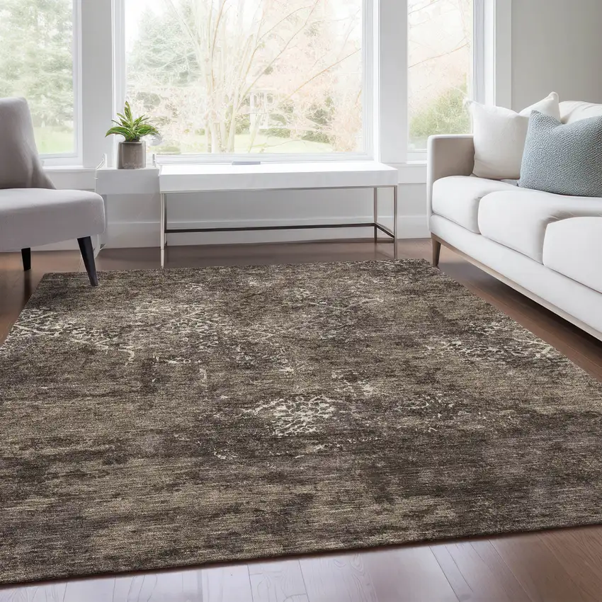 Brown And Ivory Floral Washable Indoor Outdoor Area Rug Photo 8