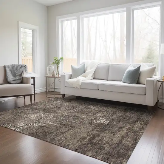 Brown And Ivory Floral Washable Indoor Outdoor Area Rug Photo 8