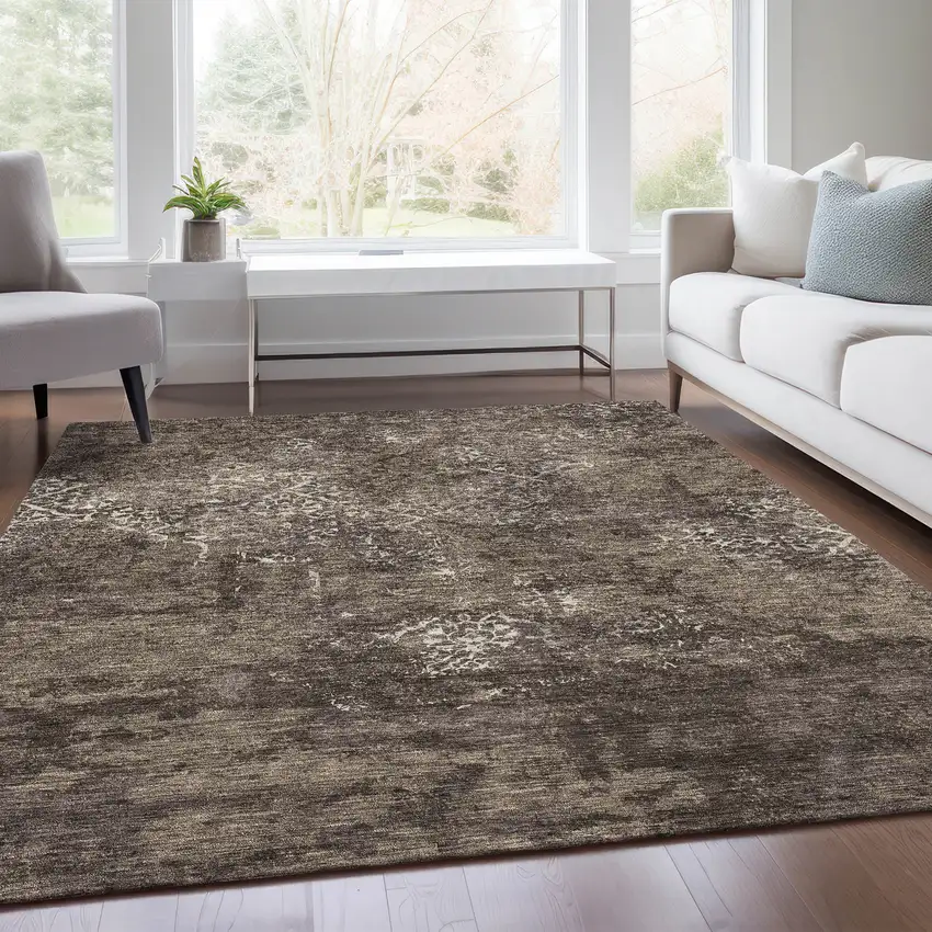 Brown And Ivory Floral Washable Indoor Outdoor Area Rug Photo 7