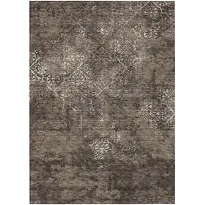 Photo of Brown And Ivory Floral Washable Indoor Outdoor Area Rug