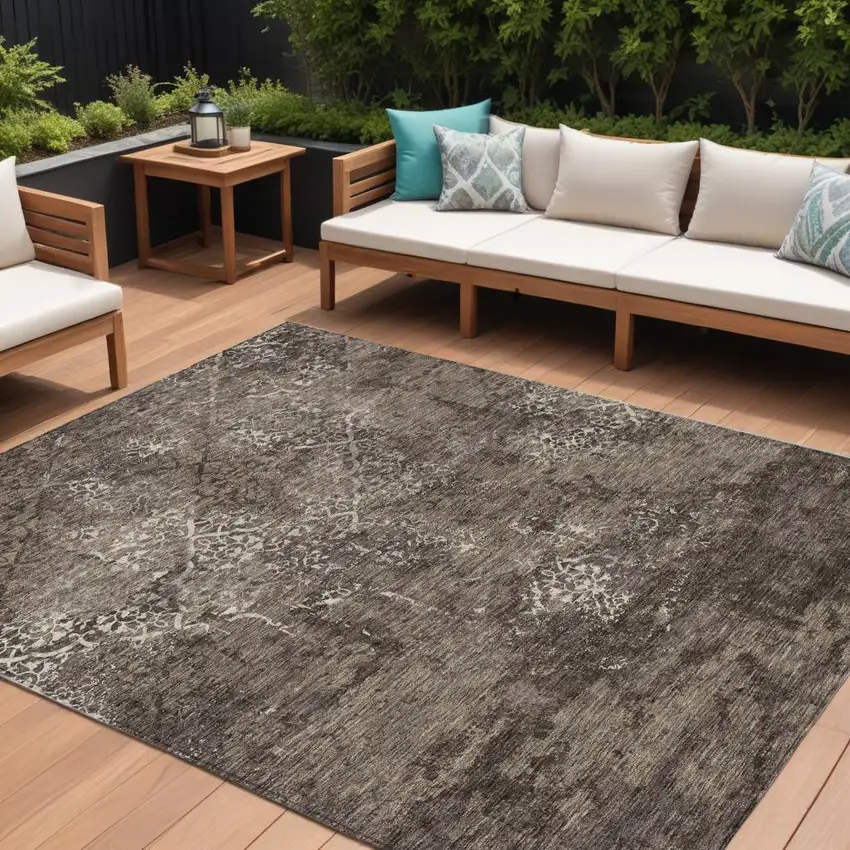 Brown And Ivory Floral Washable Indoor Outdoor Area Rug Photo 1