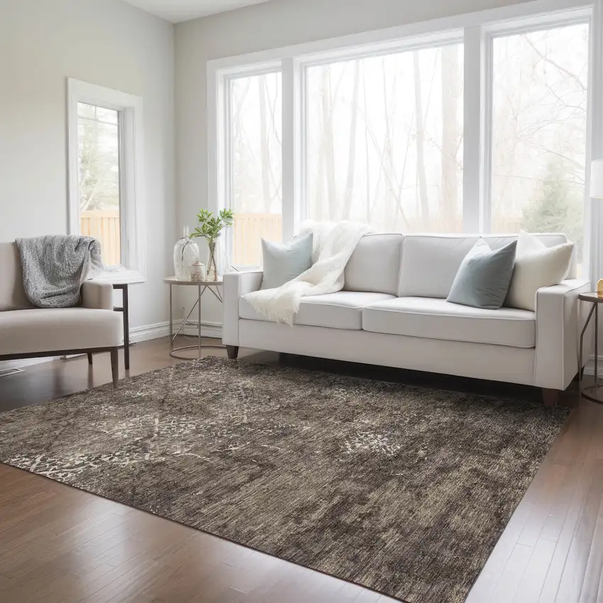 Brown And Ivory Floral Washable Indoor Outdoor Area Rug Photo 9