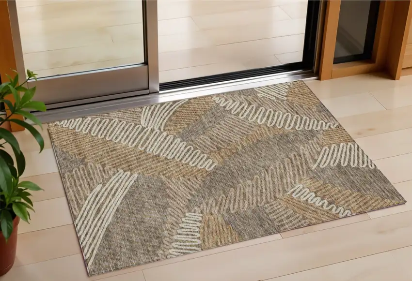 Brown And Ivory Floral Washable Indoor Outdoor Area Rug Photo 1