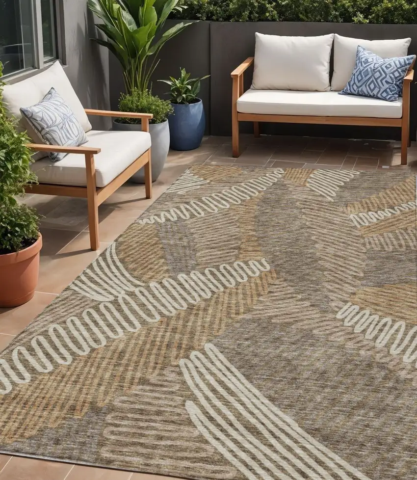 Brown And Ivory Floral Washable Indoor Outdoor Area Rug Photo 1