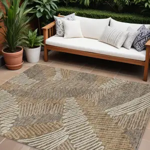 Photo of Brown And Ivory Floral Washable Indoor Outdoor Area Rug