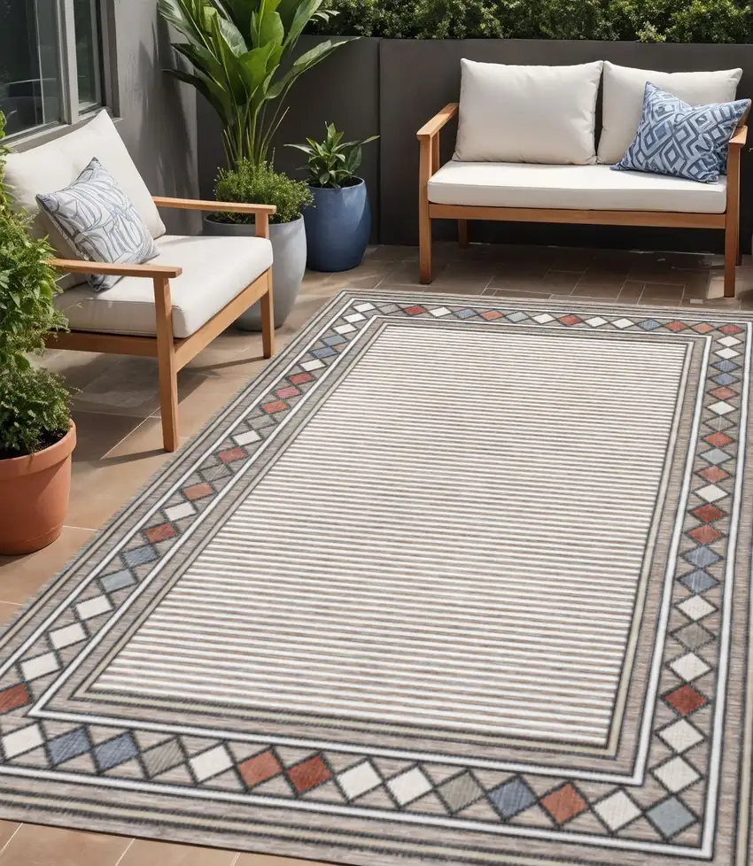 Brown And Ivory Geometric Indoor Outdoor Area Rug Photo 1