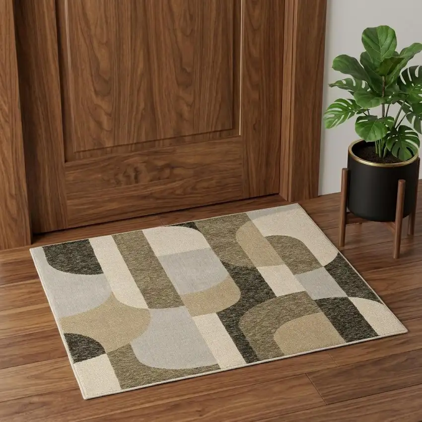 Brown and Ivory Geometric Power Loom Area Rug Photo 1