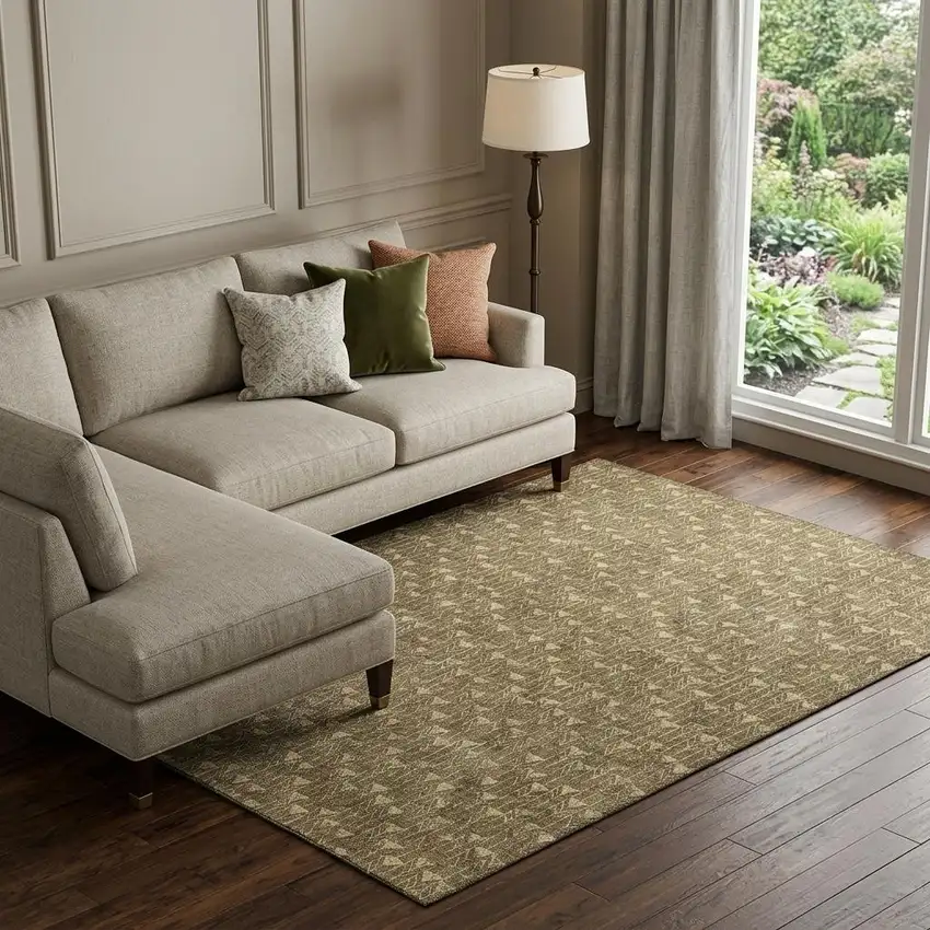 Brown And Ivory Geometric Washable Area Rug With UV Protection Photo 1