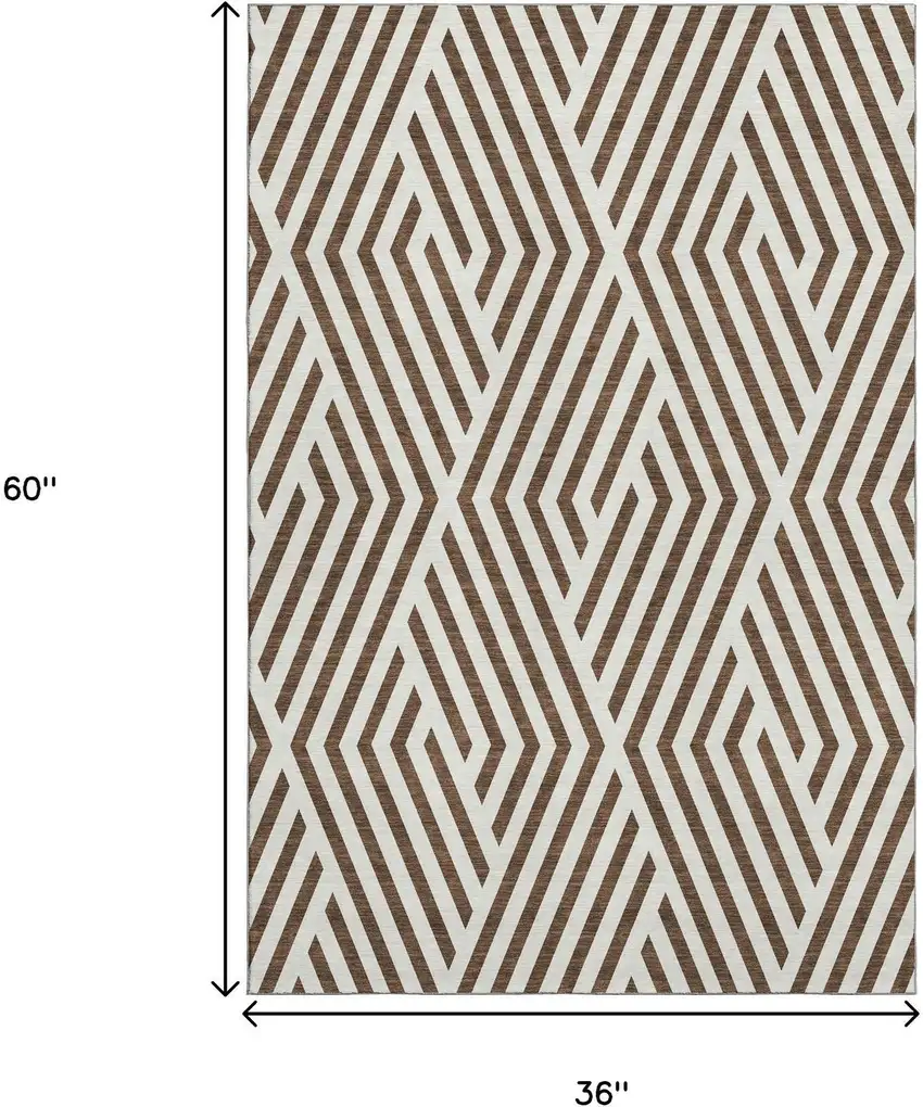 Brown And Ivory Geometric Washable Area Rug With UV Protection Photo 3