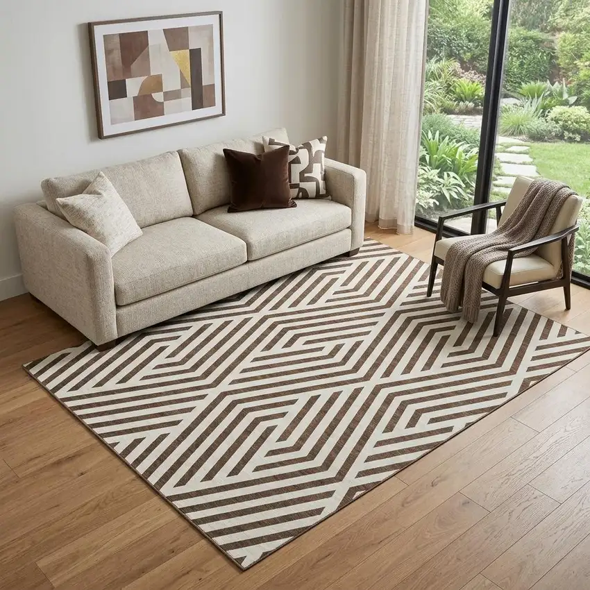Brown And Ivory Geometric Washable Area Rug With UV Protection Photo 1