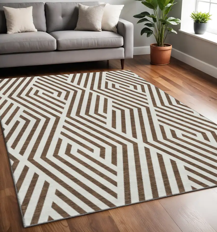 Brown And Ivory Geometric Washable Area Rug With UV Protection Photo 2