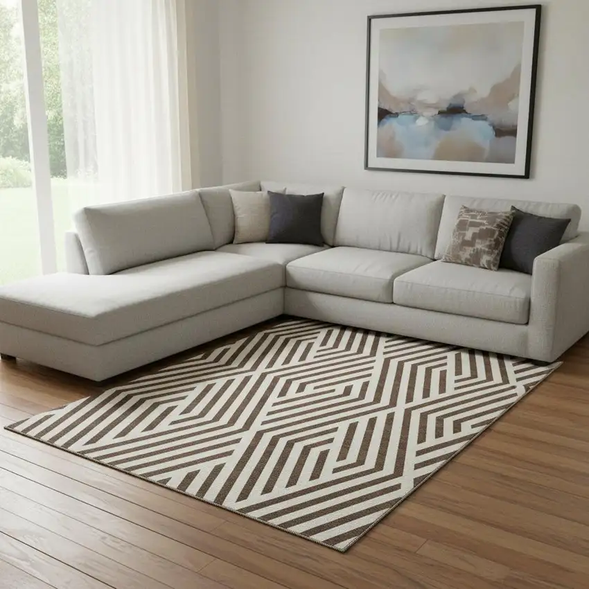 Brown And Ivory Geometric Washable Area Rug With UV Protection Photo 1