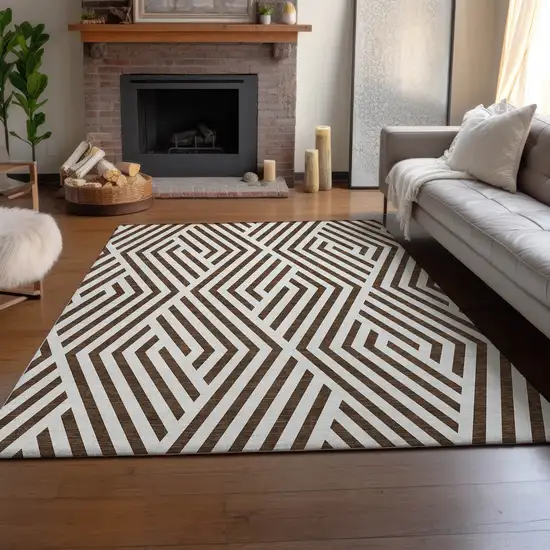 Brown And Ivory Geometric Washable Area Rug With UV Protection Photo 5
